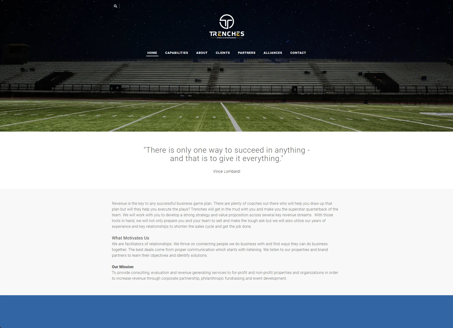 Trenches’ first website, June 2017: the Trenches Sports and Entertainment logo over a football stadium at night, a menu of Home, Capabilities, About, Clients, Partners, Alliances and Contact, a Vince Lombardi quote, then the company’s story, what motivates it and its mission.